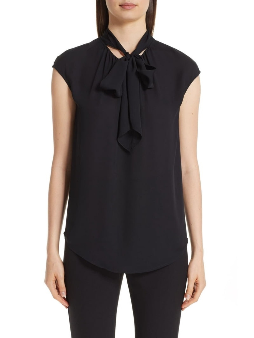St John 100% Silk Tie Neck Georgette Blouse in Black Cap Sleeve Top Size M